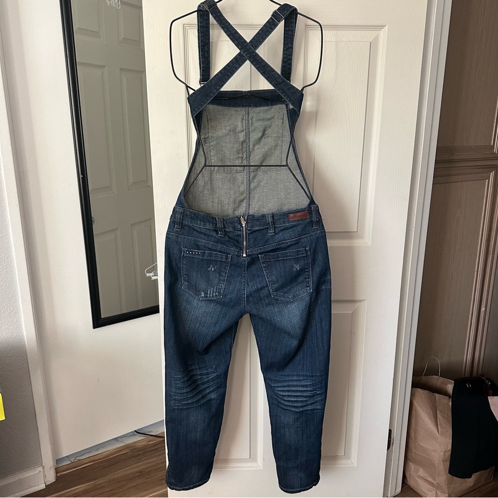 Blank NYC Crossover Distressed Denim Overalls Size 30 Medium Wash Zip Accent - Picture 5 of 16